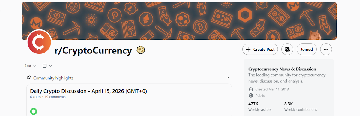 Reddit r/CryptoCurrency subreddit with 477K weekly visitors and 8,300 weekly contributions, showing Daily Crypto Discussion thread for April 15 2026, described as the leading community for cryptocurrency news discussion and analysis, created March 2013.