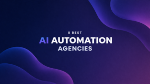 Minimal abstract tech cover with a smooth midnight blue to violet gradient background, featuring soft blurred 3D organic shapes in the top-right and bottom-left corners, and centered bold text reading “8 BEST AI AUTOMATION AGENCIES” with “AI” in a subtle blue-to-violet gradient.