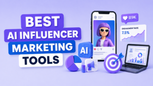 3D illustration of AI influencer marketing tools with smartphone dashboard, analytics charts, and bold purple-blue headline