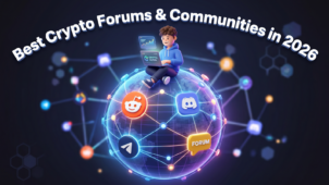 3D illustration of a person sitting on a glowing digital globe with a laptop showing Crypto Alpha charts, surrounded by Reddit, Discord, Telegram, and Forum icons connected by network lines, with the title Best Crypto Forums and Communities in 2026.