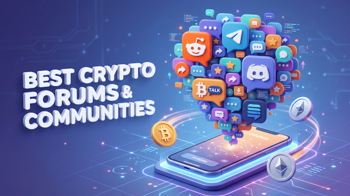3D illustration of a smartphone with a forums screen displaying a cloud of colorful speech bubbles containing Reddit, Discord, Telegram, and BitcoinTalk icons rising from the display, with Bitcoin and Ethereum coins floating nearby on a blue gradient background, titled Best Crypto Forums and Communities.