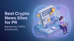 Best crypto news sites for PR placement ranked by traffic and authority — 3D illustration showing a cryptocurrency news page on a smartphone with Bitcoin, Ethereum, and Litecoin coins, representing the top crypto media outlets analyzed for PR distribution value.