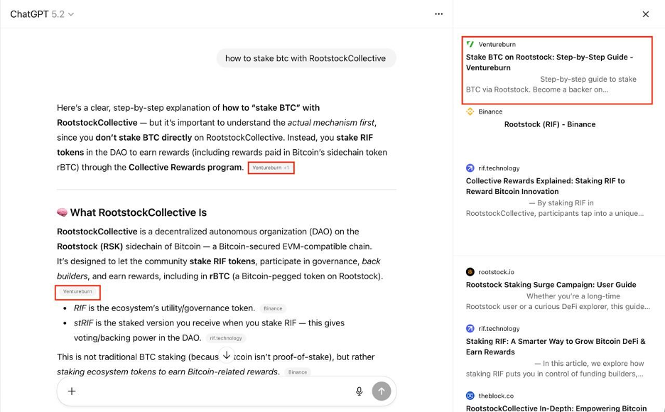 ChatGPT 5.2 explaining "how to stake BTC with RootstockCollective" with search results on DeFi staking projects displayed on right.