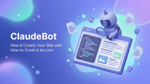 ClaudeBot web crawler by Anthropic inspecting a website — a 3D robot with a magnifying glass scanning webpage content, surrounded by document icons and security shields, illustrating how ClaudeBot crawls sites and how site owners can control access via robots.txt.