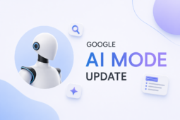 Soft 3D tech banner with a minimalist robot, blue-purple gradient accents, and bold text “Google AI Mode Update” on a clean light background