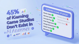 صورة غلاف تدقيق رؤية الذكاء الاصطناعي الخاص بـ ICODA لاستوديوهات ألعاب iGaming: 45% من الاستوديوهات لا تظهر في إجابات الذكاء الاصطناعي، موضحة بفقاعة دردشة ثلاثية الأبعاد للذكاء الاصطناعي تظهر قائمة مختصرة بعلامات اختيار مرئية واستوديوهات غائبة باللون الرمادي والأحمر.