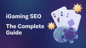 iGaming SEO: The Complete Guide — cover image with 3D playing cards and casino chips on a dark blue background.