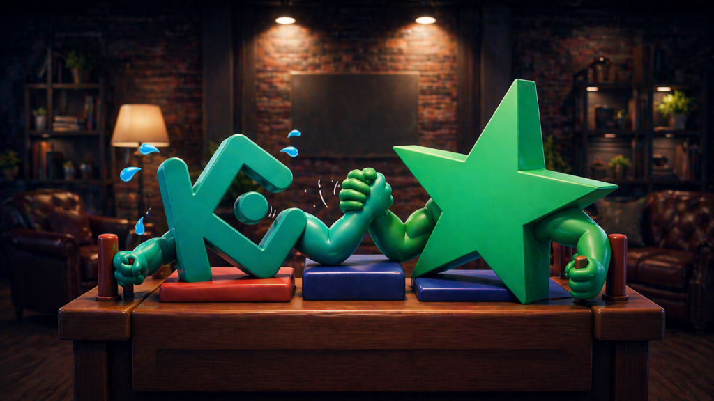KuCoin logo character losing an arm wrestling match against a Trustpilot star, symbolizing KuCoin's suspended Trustpilot rating and reputation crisis in 2026.