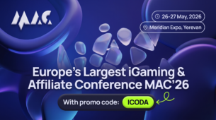 MAC'26 event banner announcing Europe's largest iGaming & Affiliate Conference on May 26–27, 2026 at Meridian Expo in Yerevan, featuring the ICODA promo code