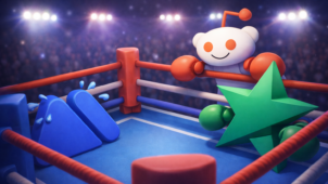 3D illustration of MEXC logo knocked down in a boxing ring while Reddit Snoo and Trustpilot green star stand over it — representing MEXC's reputation battle with user reviews in 2026.