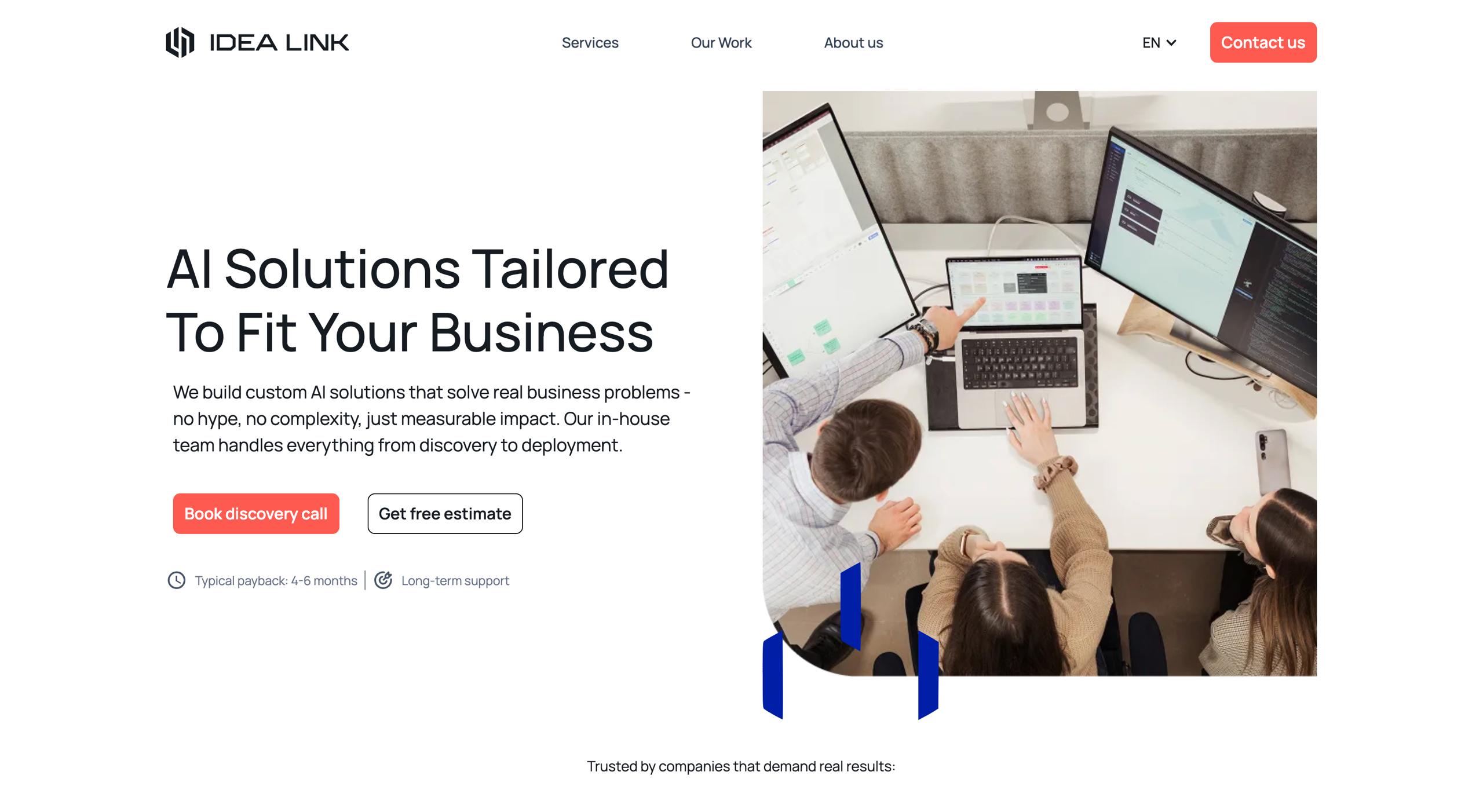 Idea Link homepage displaying custom AI agent development and internal platform automation for mid-market companies