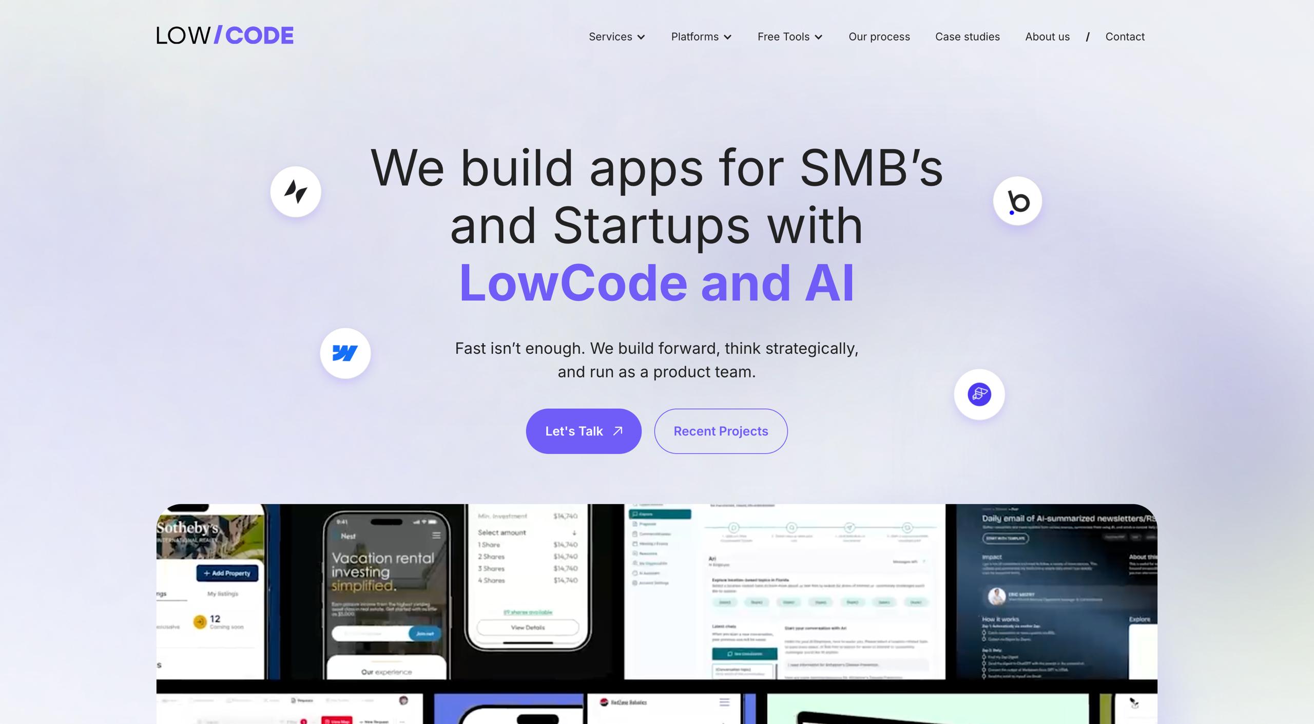 LowCode Agency homepage offering no-code AI automation workflows and intelligent process integration for SMEs