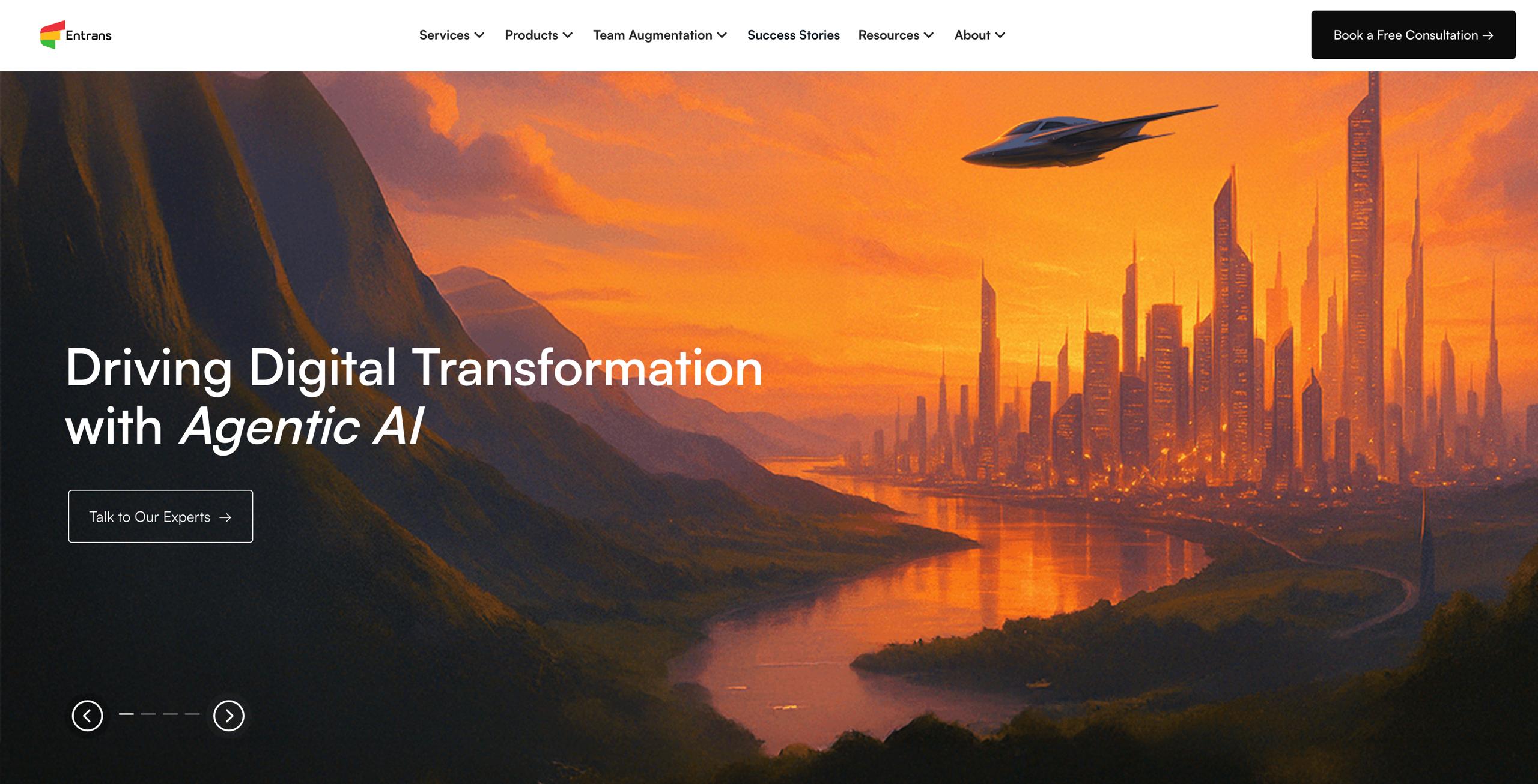 Entrans homepage presenting agentic AI development and intelligent automation solutions for enterprises