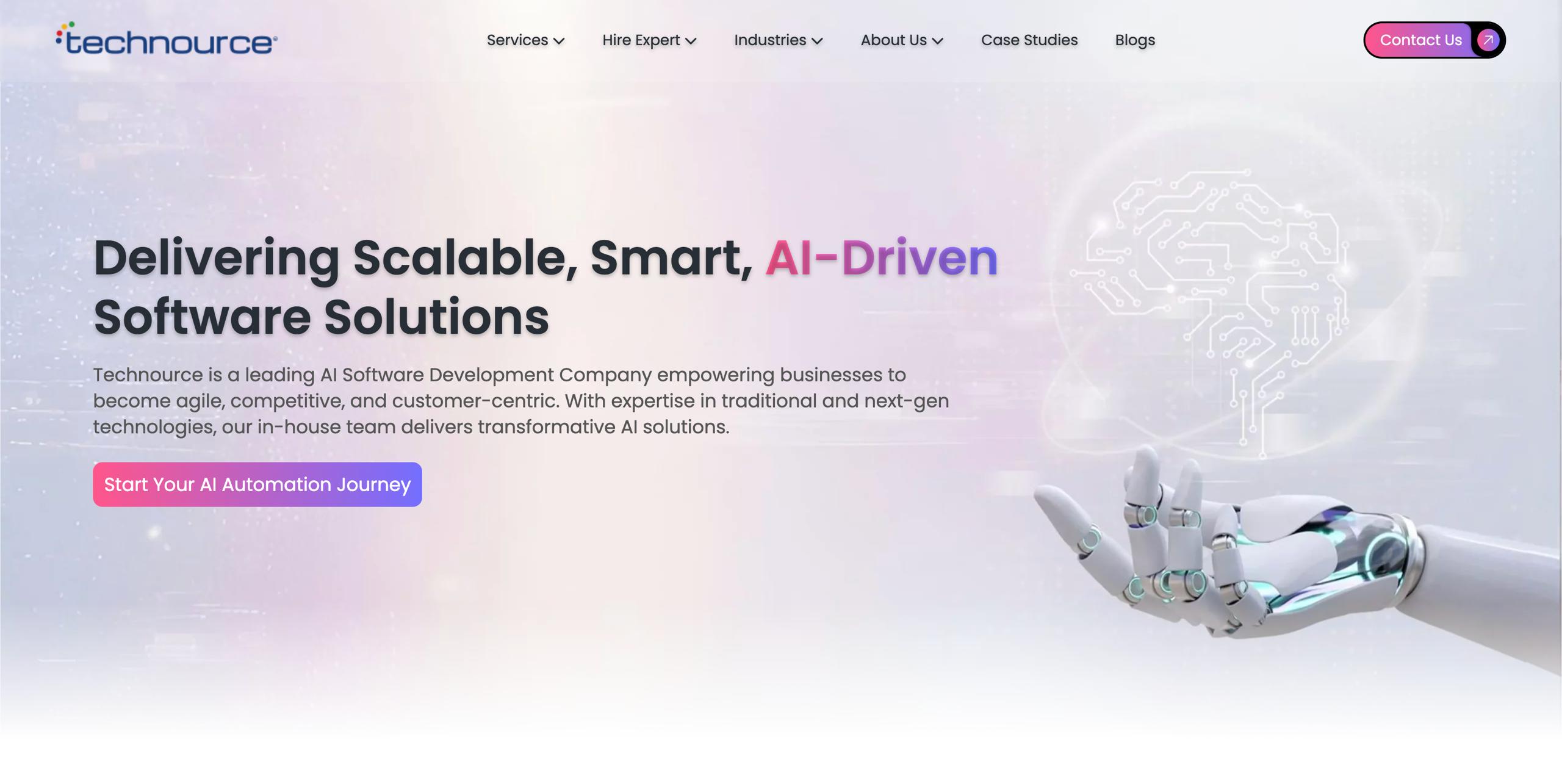 Technource homepage showcasing generative AI product integration and intelligent automation for SaaS platforms