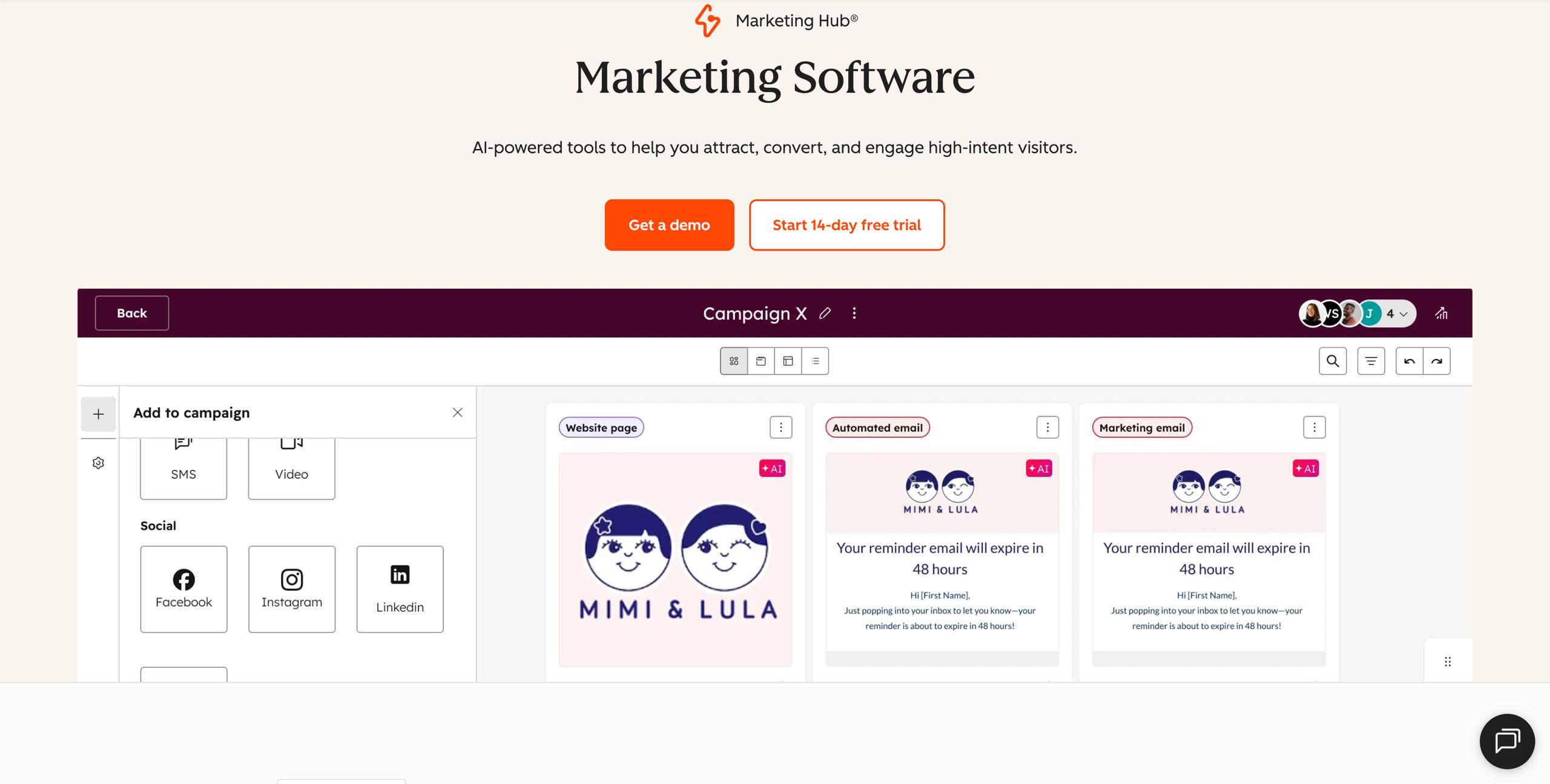 HubSpot Marketing Hub homepage showing AI-powered workflow builder, lead scoring dashboard, and omni-channel campaign management interface