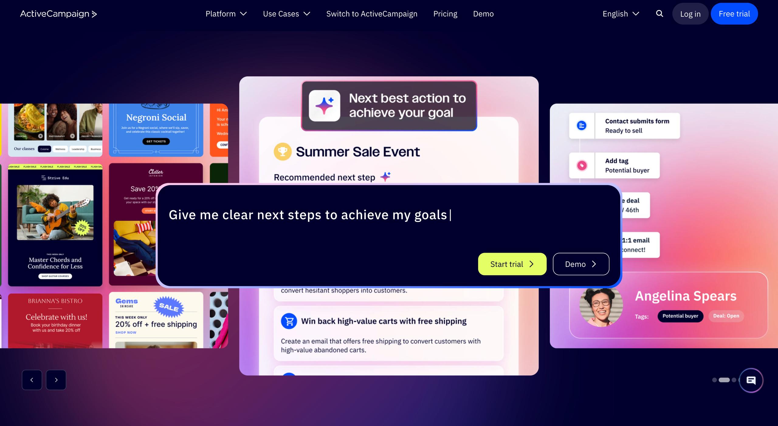 ActiveCampaign homepage featuring visual automation builder with AI chatbot, predictive sending controls, and email campaign editor