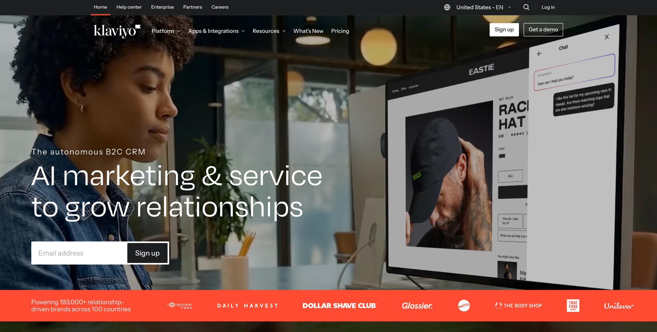 Klaviyo homepage displaying autonomous Marketing Agent, predictive analytics dashboard, and multi-channel campaign orchestration across email SMS and RCS