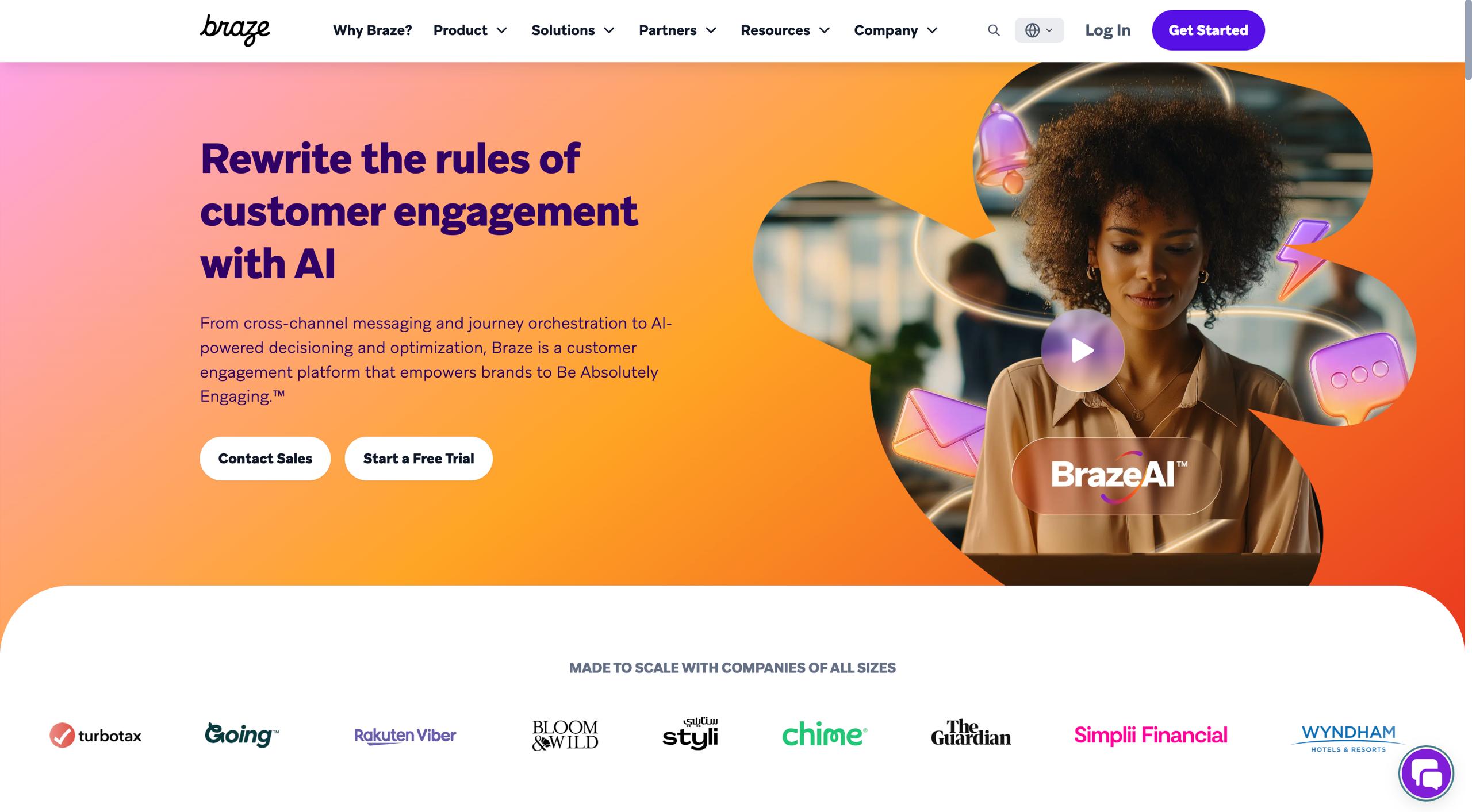 Braze homepage presenting BrazeAI Decisioning Studio, real-time cross-channel journey orchestration, and predictive churn modeling interface