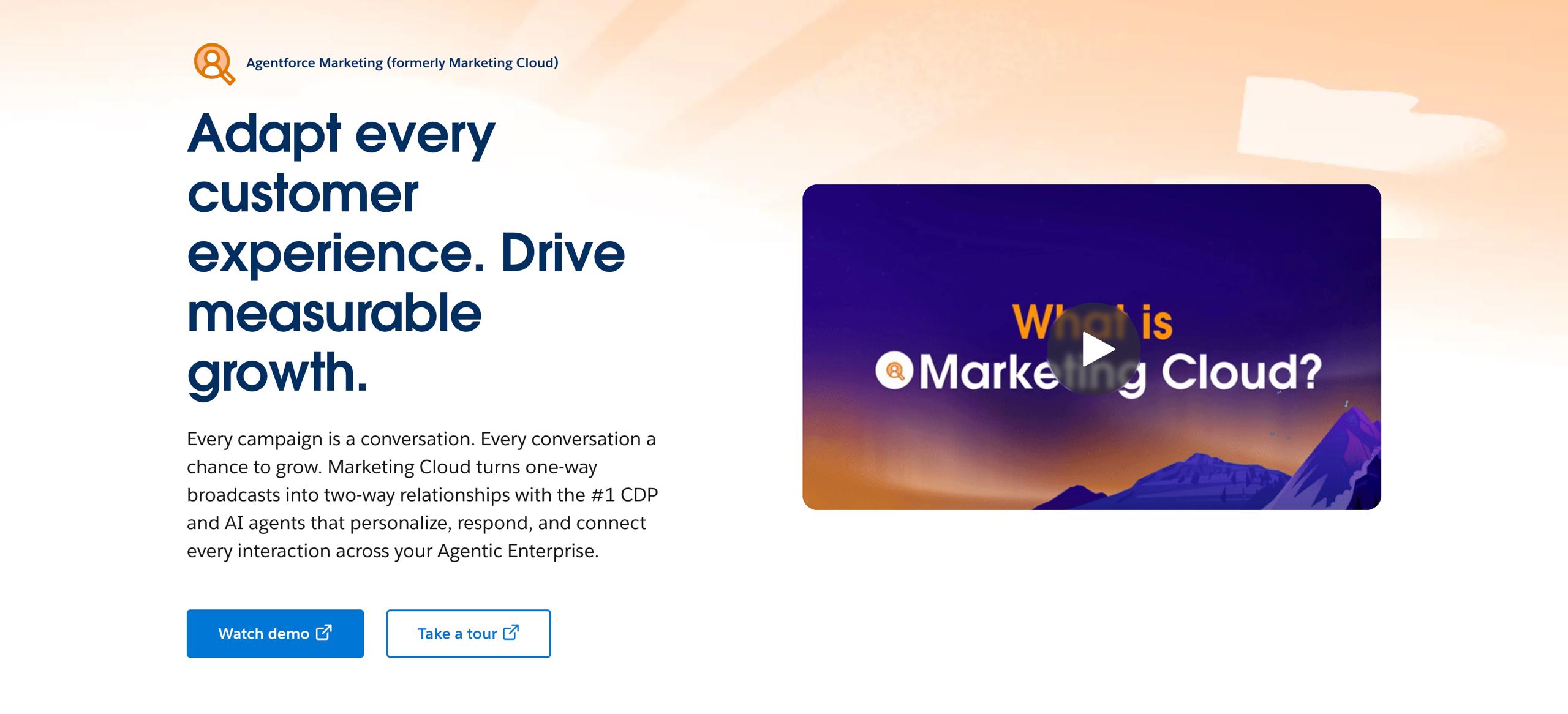 Salesforce Marketing Cloud homepage showcasing Agentforce autonomous AI agents, unified customer data layer, and real-time campaign personalization tools