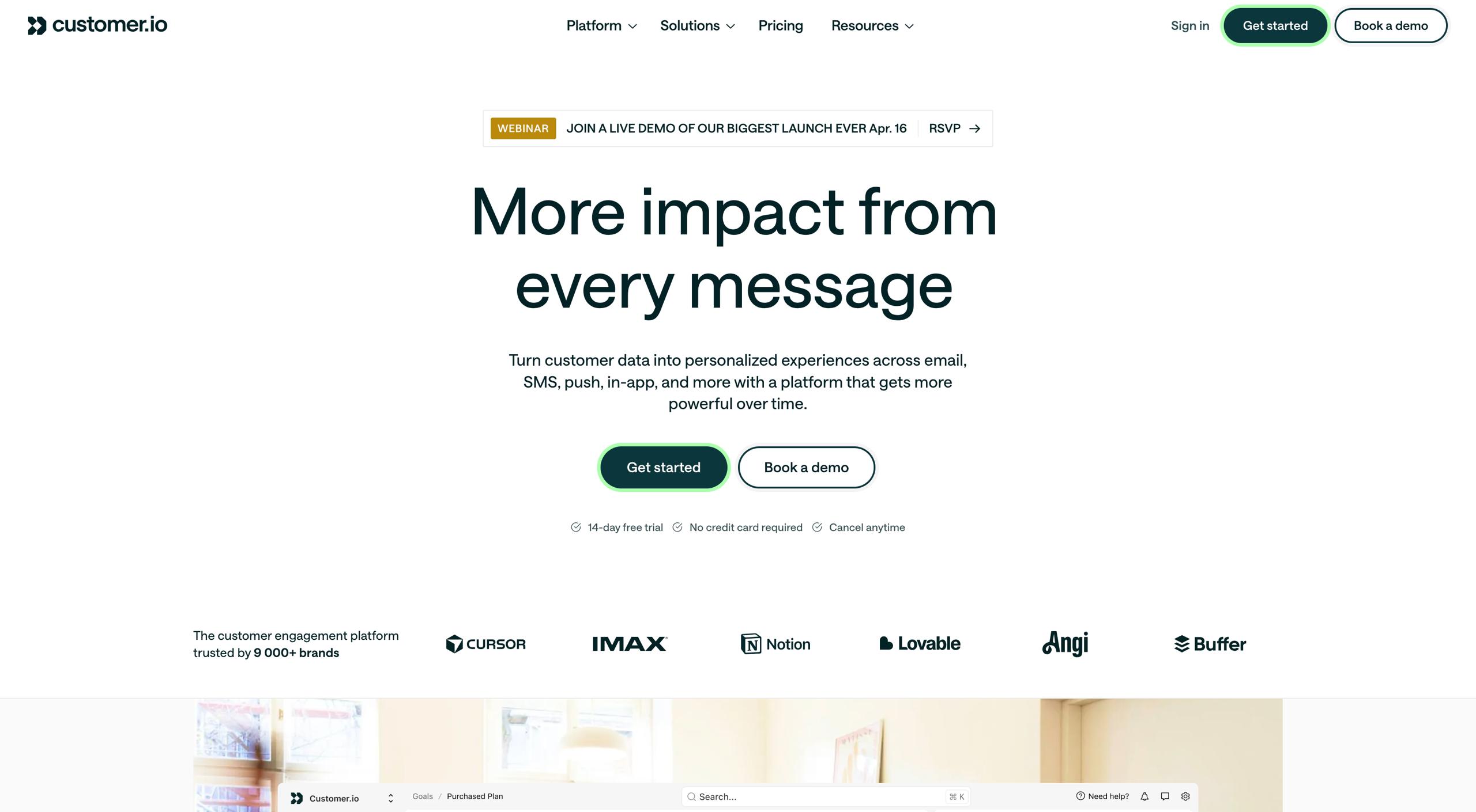 Customer.io homepage highlighting AI Agent workspace, LLM Actions inside journey workflows, and first-party behavioral data segmentation builder