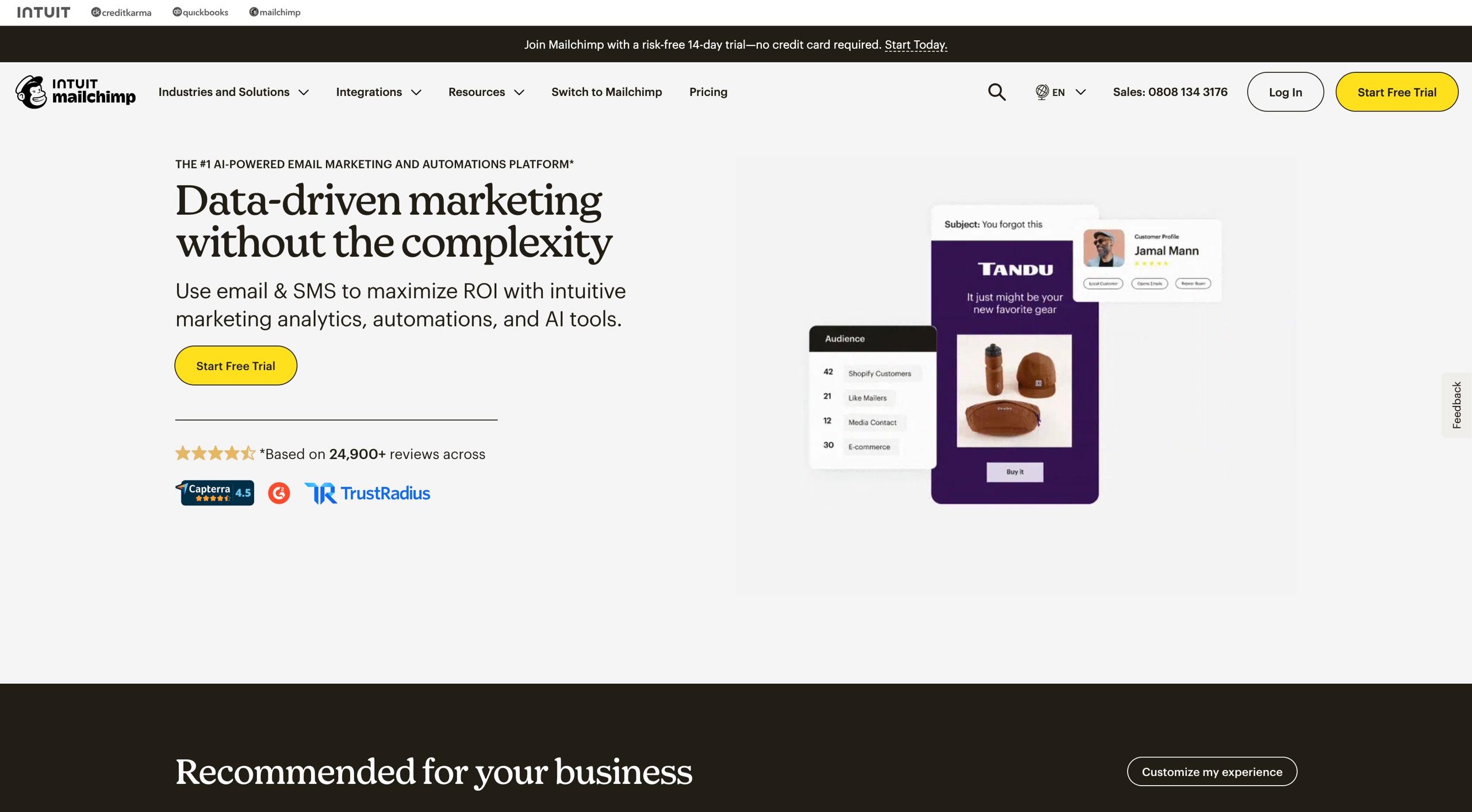 Mailchimp homepage with AI content optimizer, predictive audience segmentation, and drag-and-drop email editor for marketing automation beginners
