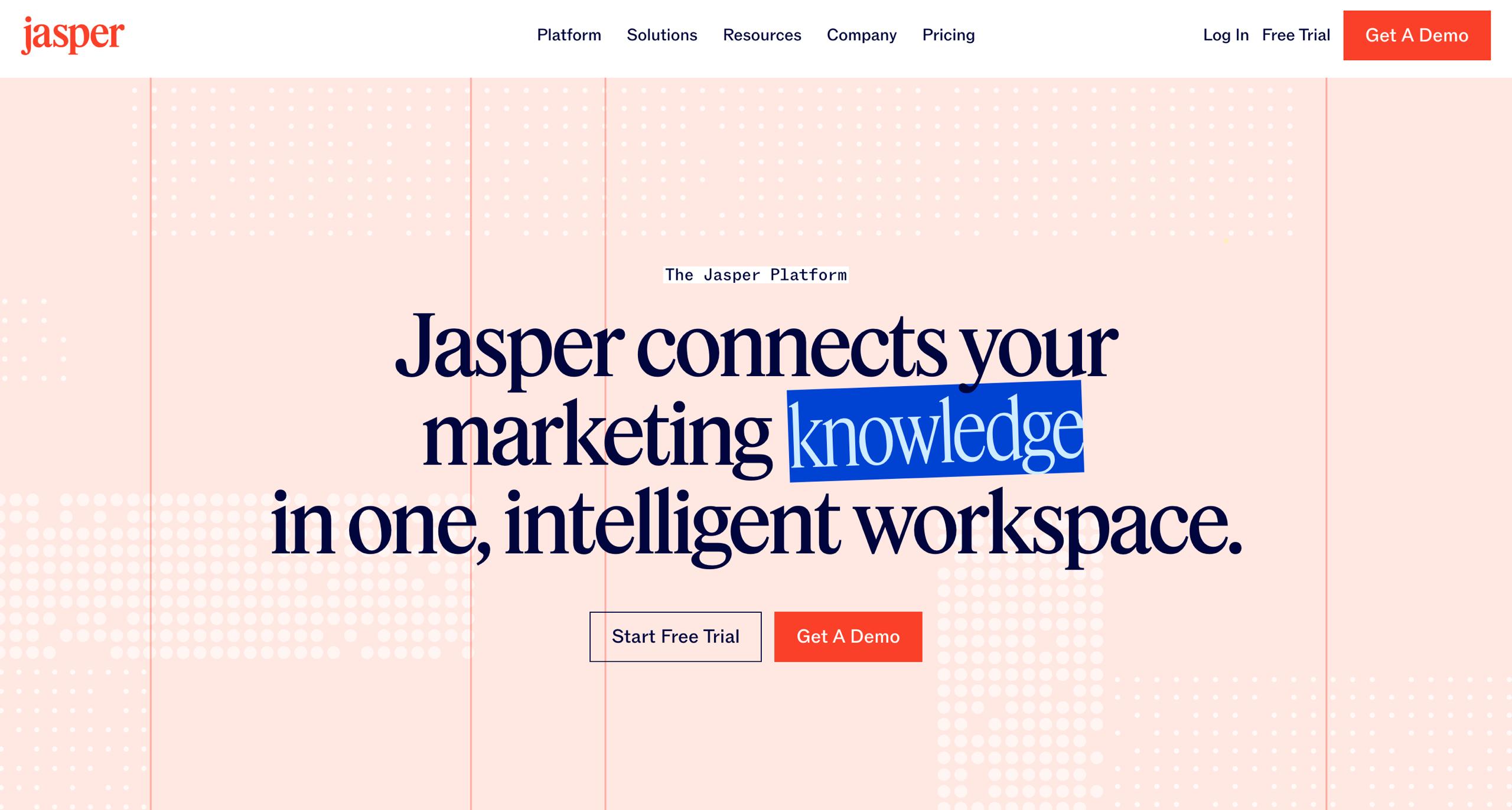 Página inicial da plataforma de criação de conteúdos Jasper AI - voz da marca, Content Pipelines e ferramentas de campanha multicanal