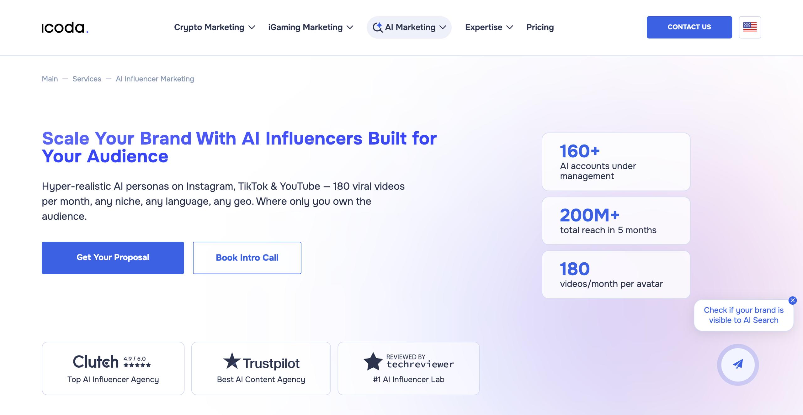 ICODA AI Influencer Lab homepage — build and own AI creator personas with 180 videos per month for ai influencer marketing