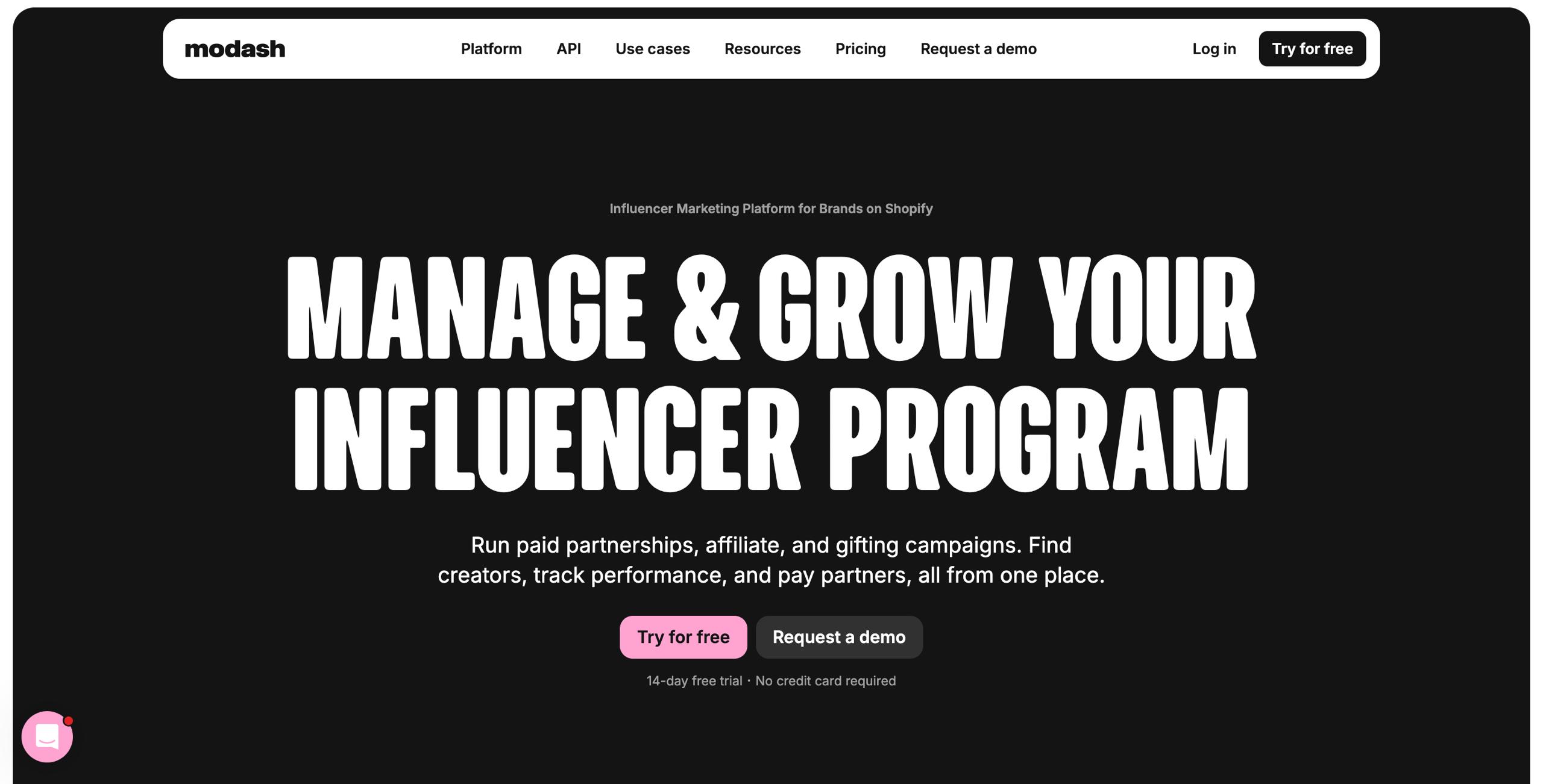 Modash ai influencer marketing platform homepage — natural language creator discovery across 350M profiles
