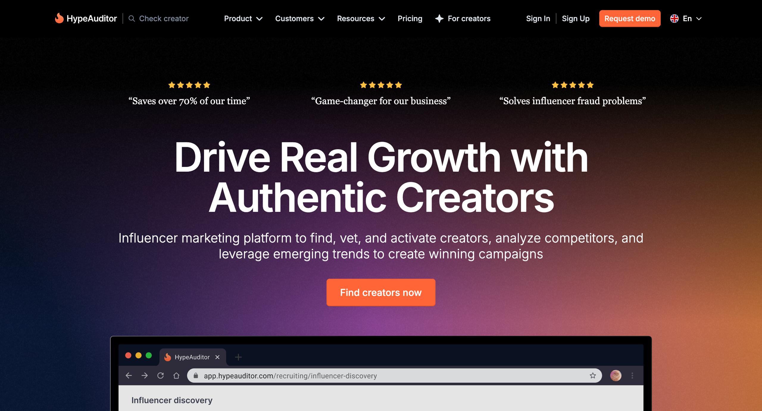 HypeAuditor influencer fraud detection tool homepage — audience quality scoring and fake follower analysis
