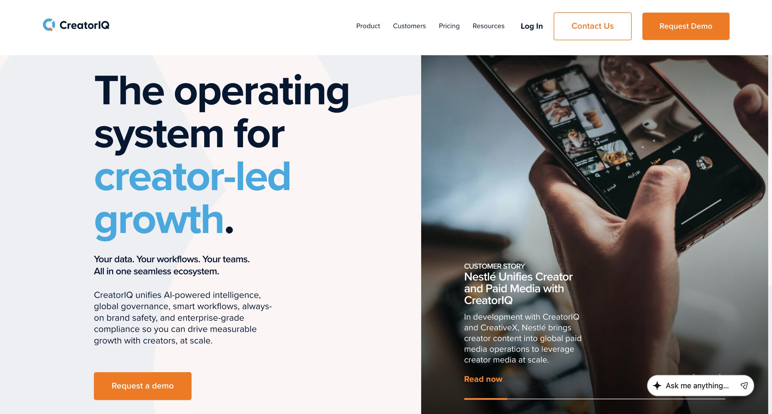CreatorIQ enterprise influencer marketing software homepage — multimodal brand safety and Salesforce integration at scale