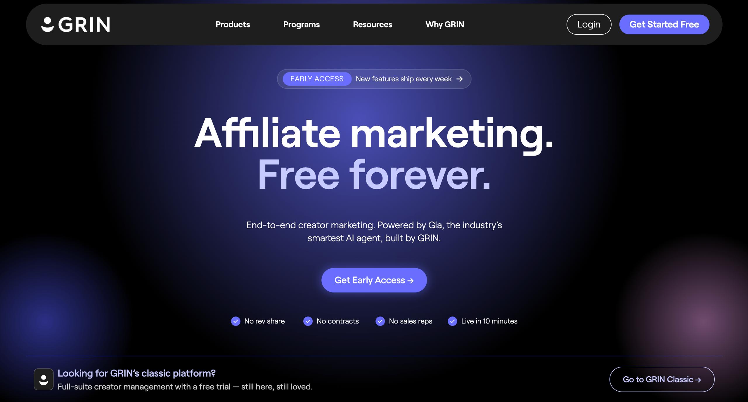 GRIN creator CRM homepage — AI agent Gia managing DTC influencer campaigns and affiliate tracking