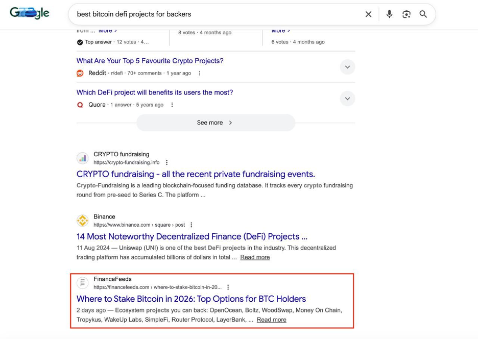 FinanceFeeds article "Where to Stake Bitcoin in 2026" ranking in organic for the same query