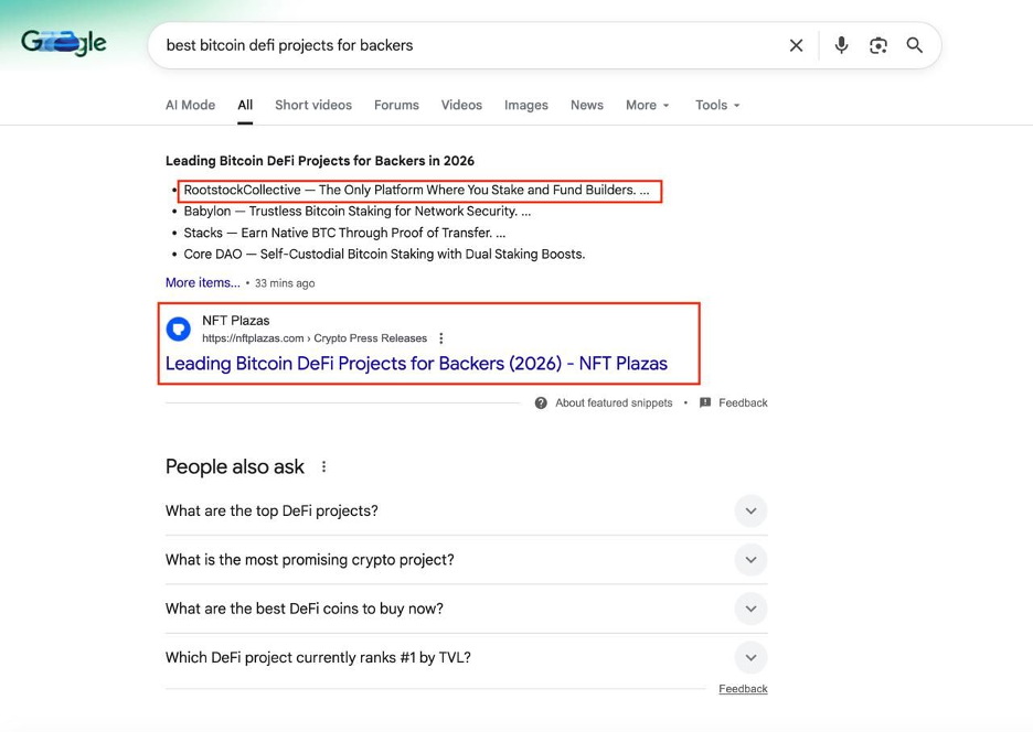 Google search results highlighting RootstockCollective and NFT Plazas as leading Bitcoin DeFi projects for backers in 2026.