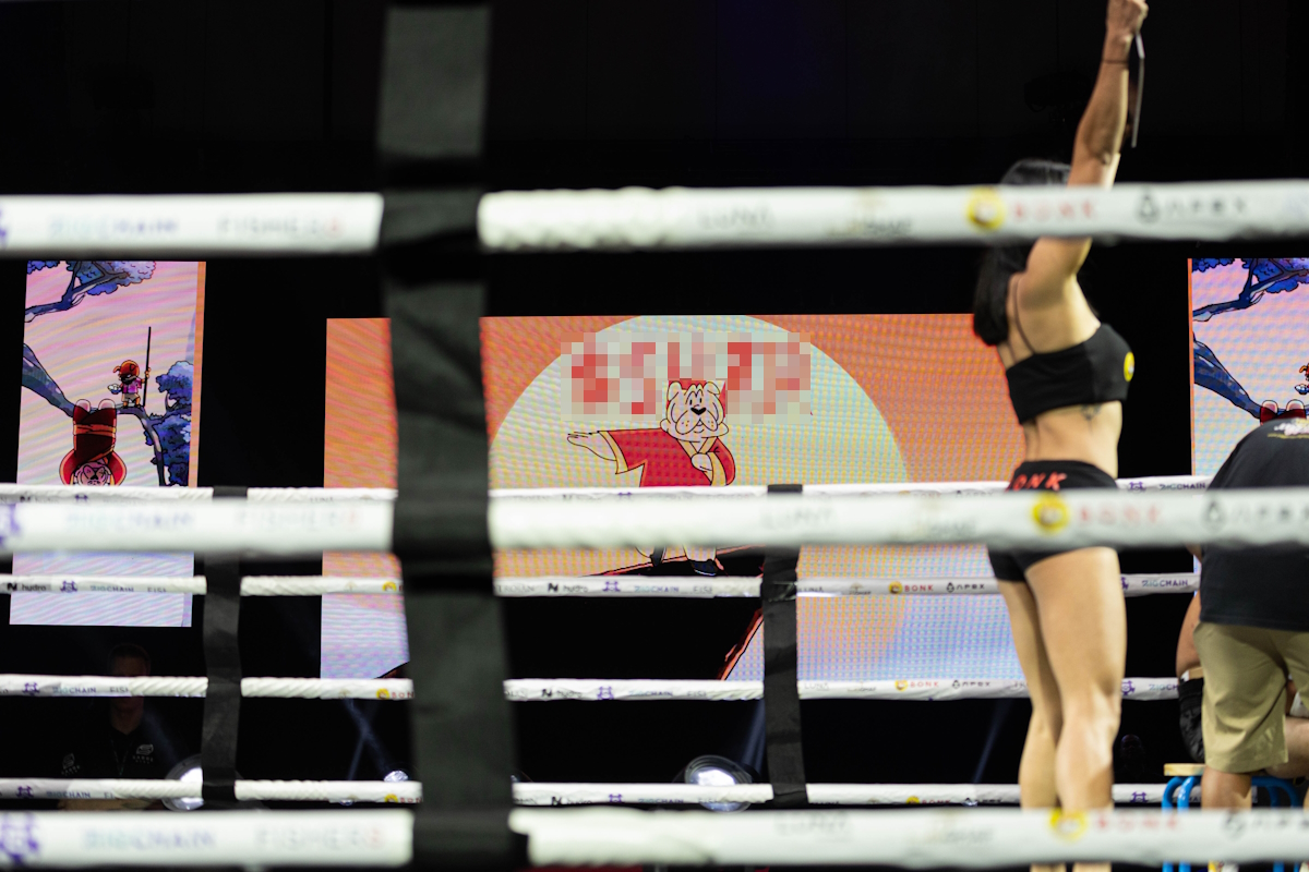 Solana meme token mascot displayed on arena LED screens at CryptoFightNight boxing event — offline crypto marketing activation Singapore.