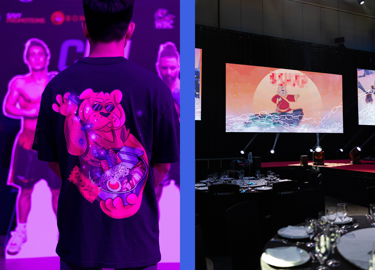 Solana meme token branded merchandise and LED screen display at CryptoFightNight event — crypto KOL marketing offline activation.