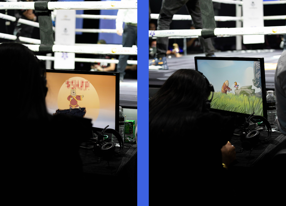 Ringside production crew displaying Solana meme token mascot on monitors at CryptoFightNight — crypto event marketing integration.