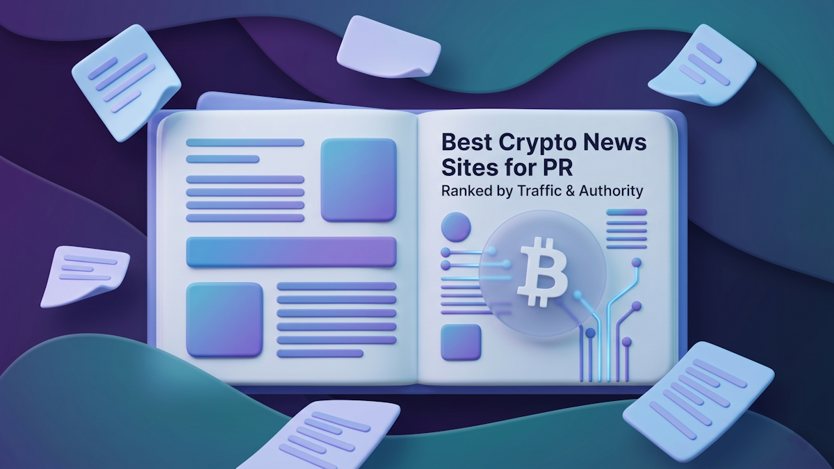 Best crypto news sites for PR placement ranked by traffic and authority — 3D illustration showing a cryptocurrency news page on a smartphone with Bitcoin, Ethereum, and Litecoin coins, representing the top crypto media outlets analyzed for PR distribution value.