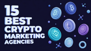 15 家最佳加密货币营销机构 - 以三维比特币、以太坊、BNB、Cardano 和 Solana 硬币为深色背景的插图封面。