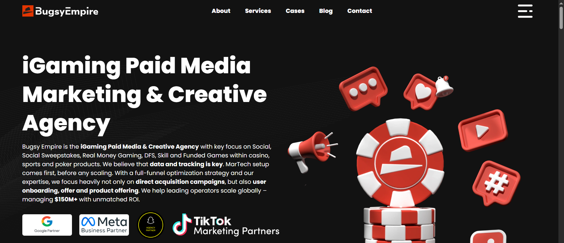 Bugsy Empire iGaming paid media agency homepage with Meta Business Partner and TikTok Marketing Partner certification badges.