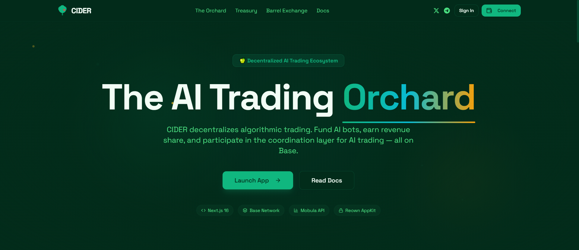 CIDER decentralized AI trading orchard on Base, one of the top crypto presales May 2026.