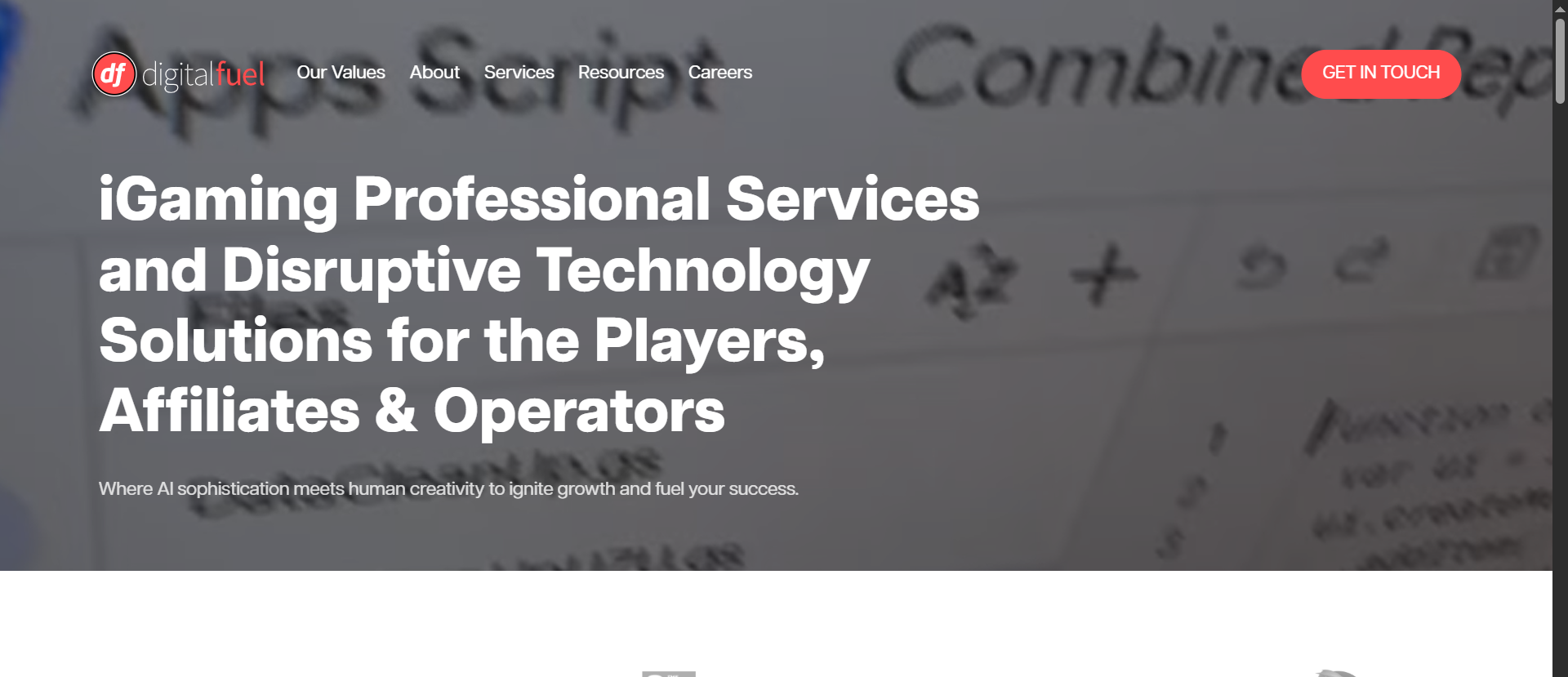 Digital Fuel iGaming professional services homepage offering technology solutions for casino players, affiliates, and operators.