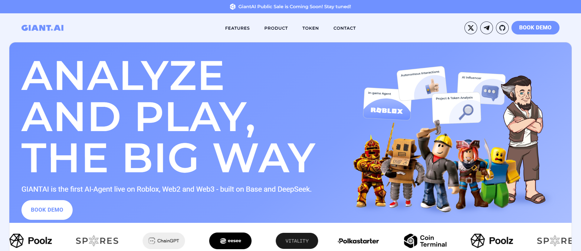 Friendly Giant AI agent live on Roblox, Web2 and Web3 — best crypto presales May 2026 cohort.