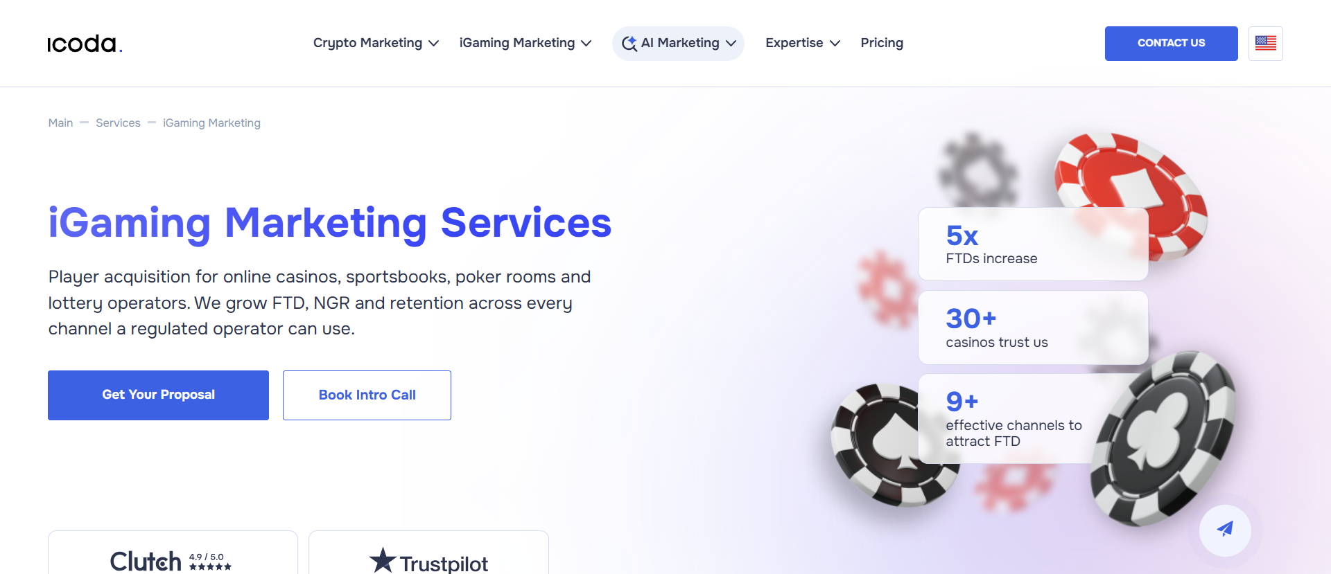 ICODA iGaming marketing services homepage showing 5x FTD growth stats, casino chip visuals, and Clutch and Trustpilot trust badges.