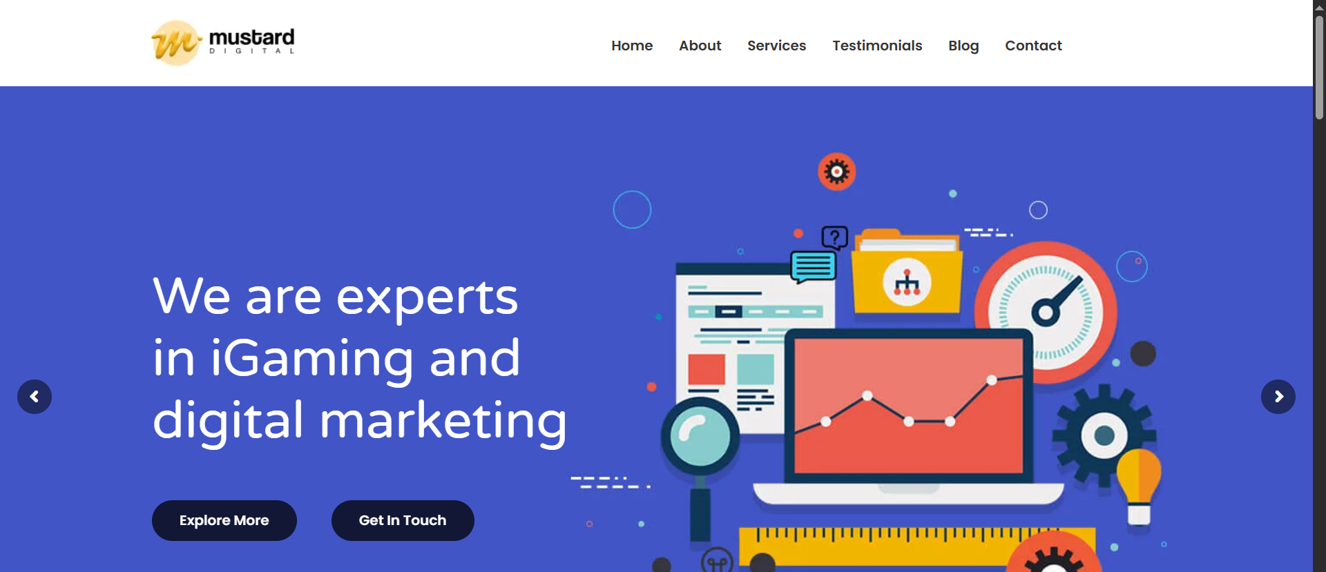 Mustard Digital iGaming and digital marketing agency homepage declaring expert casino marketing and player retention capabilities.