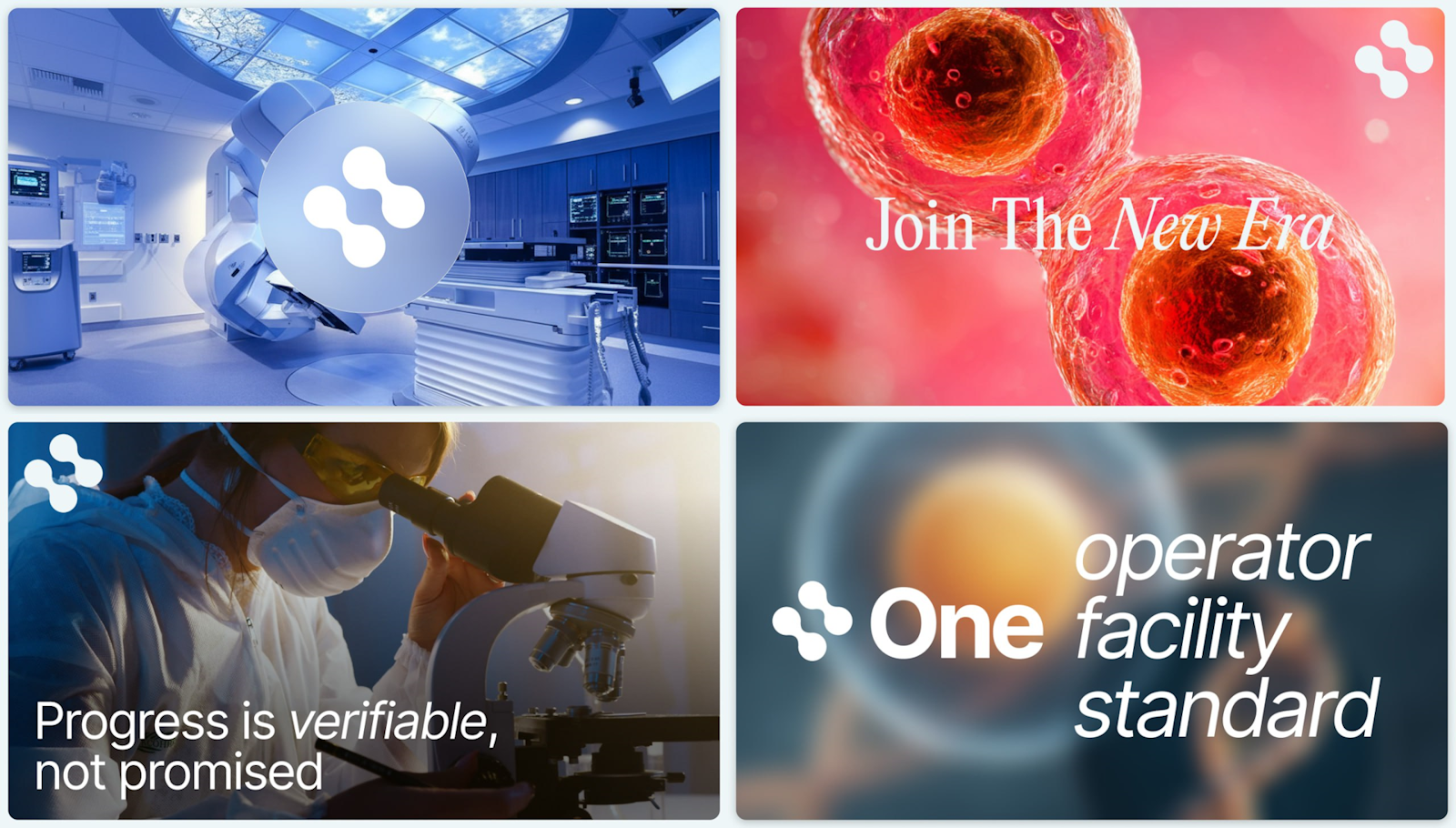 New Era Medicine branded social media banner examples — CyberKnife treatment room, cancer cell visualization, lab researcher, and One Operator Facility Standard poster.