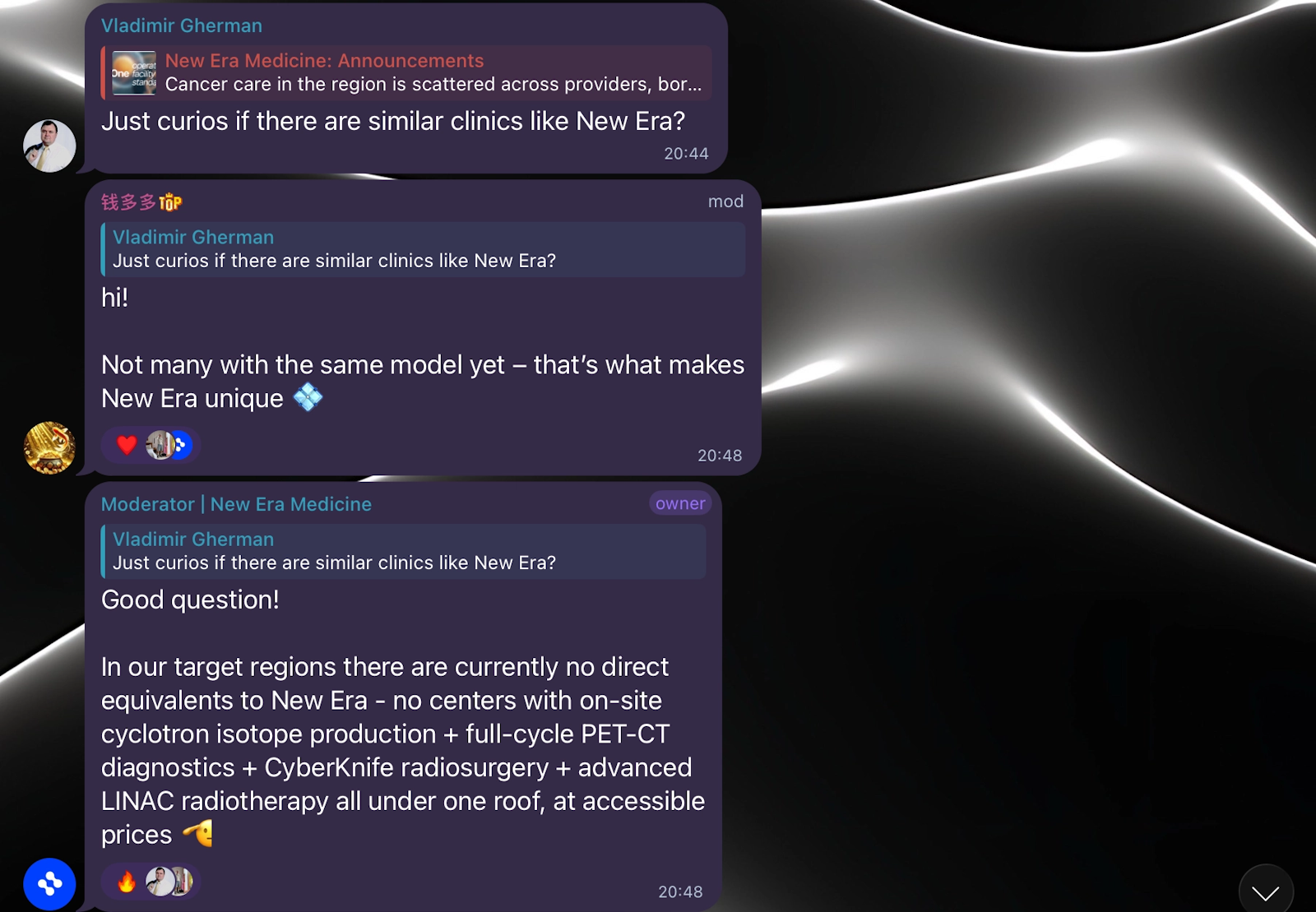 New Era Medicine Telegram community conversation — moderator responding to user question about competing oncology clinics, explaining NEM's unique full-cycle model.