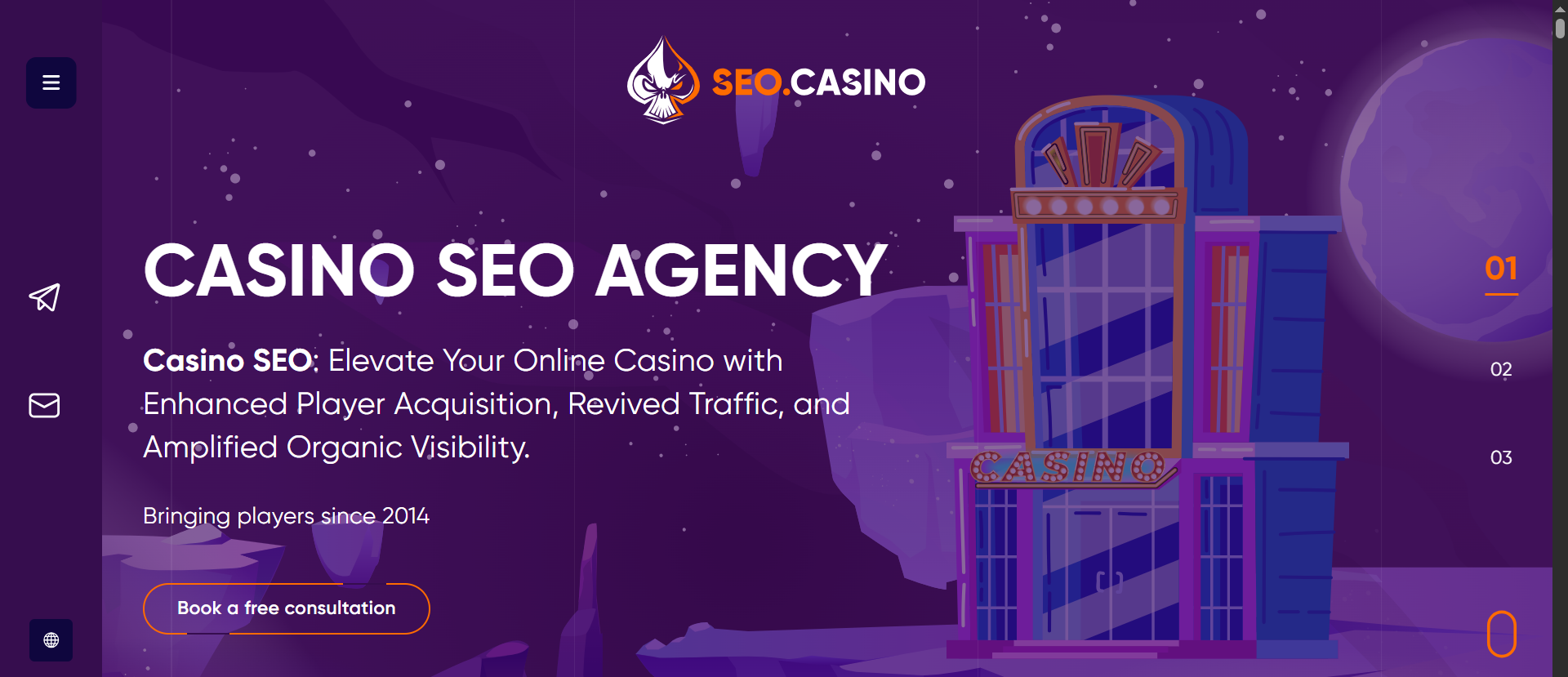 SEO.Casino homepage promoting casino SEO services for player acquisition, organic traffic growth, and online casino visibility,