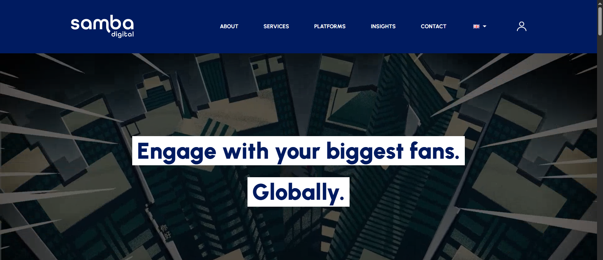 Samba Digital global iGaming marketing agency homepage with fan engagement tagline targeting worldwide player acquisition markets.