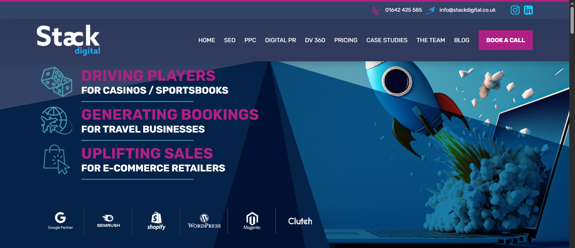 Stack Digital homepage promoting player acquisition SEO for casinos and sportsbooks, with Google Partner and Clutch trust badges.