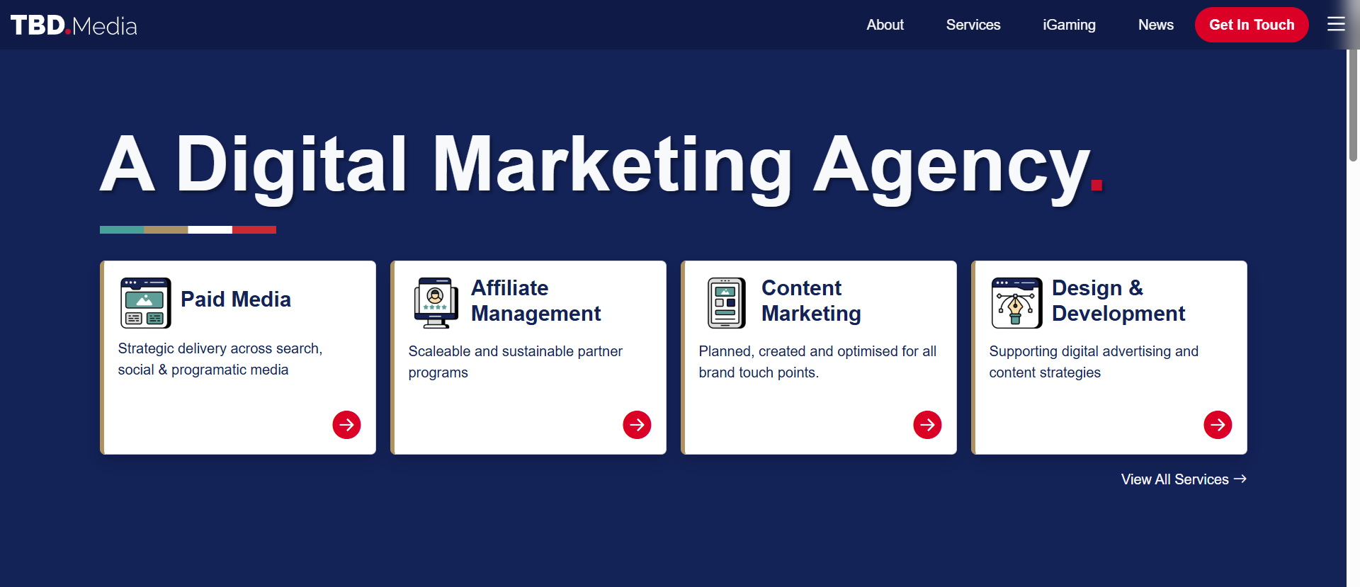 TBD.Media iGaming agency homepage featuring paid media, affiliate management, content marketing, and web development service cards.